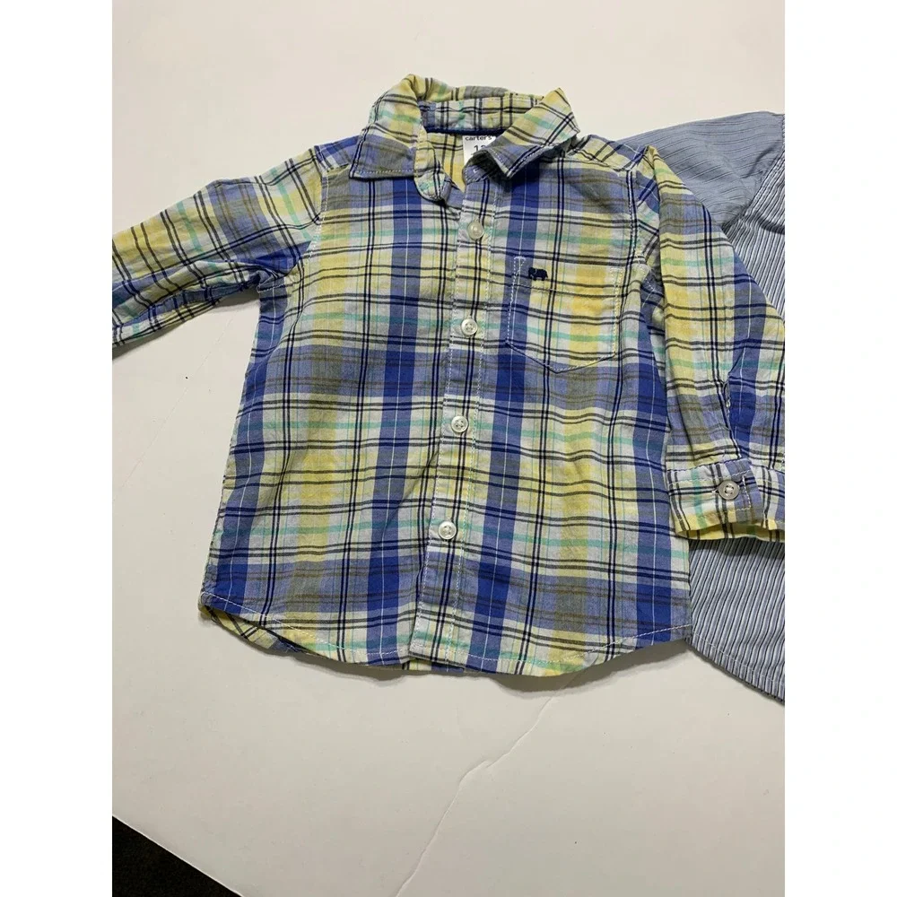 Carters Toddler‎ Button Down Shirts Lot of 2 Plaid Striped 12M 18M Blue Yellow